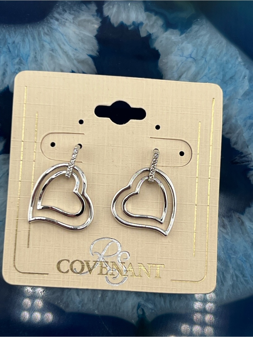 RS Covenant Silver Double Heart Drop Earrings Rhinestone Accent NWT